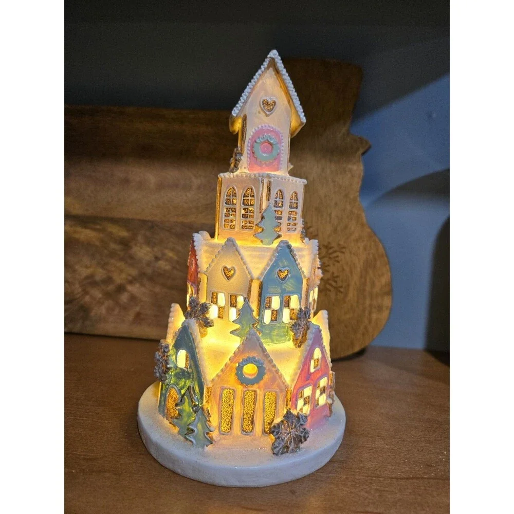 NEW Light-Up Pastel Pink Gingerbread Sugar Frosted Castle House Christmas Decor